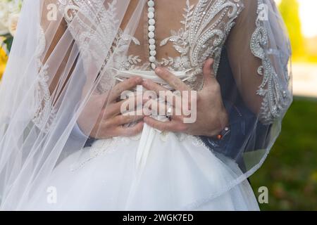 Der Bräutigam umarmt die Braut an der Taille. Stockfoto