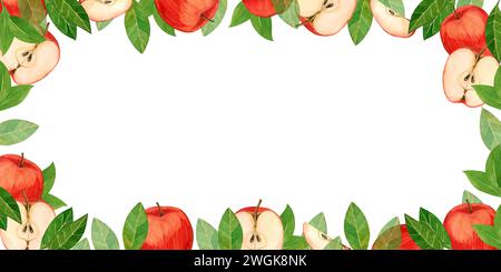Rechteckiger Rahmen aus Früchten. Aquarellelemente roter Apfel und halber Apfel mit Samen, saftige Früchte handgezeichnet in Aquarell. Stockfoto