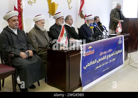 Beirut, Libanon. Februar 2024. 4 Initiative der Al-Quds Global Week beim Pressesyndacate in Beirut, Libanon, am 5. Februar 2024. (Foto: Elisa Gestri/SIPA USA) Credit: SIPA USA/Alamy Live News Stockfoto