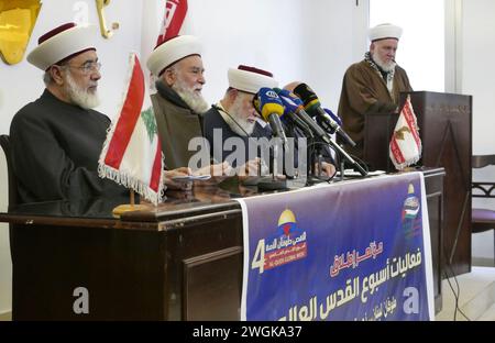 Beirut, Libanon. Februar 2024. 4 Initiative der Al-Quds Global Week beim Pressesyndacate in Beirut, Libanon, am 5. Februar 2024. (Foto: Elisa Gestri/SIPA USA) Credit: SIPA USA/Alamy Live News Stockfoto