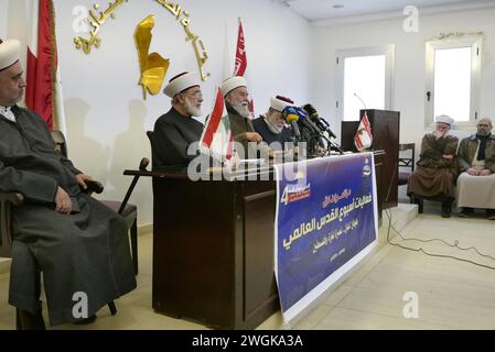 Beirut, Libanon. Februar 2024. 4 Initiative der Al-Quds Global Week beim Pressesyndacate in Beirut, Libanon, am 5. Februar 2024. (Foto: Elisa Gestri/SIPA USA) Credit: SIPA USA/Alamy Live News Stockfoto