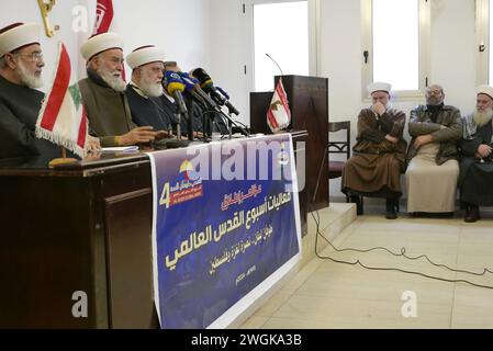 Beirut, Libanon. Februar 2024. 4 Initiative der Al-Quds Global Week beim Pressesyndacate in Beirut, Libanon, am 5. Februar 2024. (Foto: Elisa Gestri/SIPA USA) Credit: SIPA USA/Alamy Live News Stockfoto