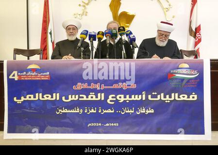 Beirut, Libanon. Februar 2024. 4 Initiative der Al-Quds Global Week beim Pressesyndacate in Beirut, Libanon, am 5. Februar 2024. (Foto: Elisa Gestri/SIPA USA) Credit: SIPA USA/Alamy Live News Stockfoto