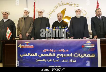 Beirut, Libanon. Februar 2024. 4 Initiative der Al-Quds Global Week beim Pressesyndacate in Beirut, Libanon, am 5. Februar 2024. (Foto: Elisa Gestri/SIPA USA) Credit: SIPA USA/Alamy Live News Stockfoto