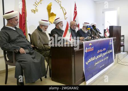 Beirut, Libanon. Februar 2024. 4 Initiative der Al-Quds Global Week beim Pressesyndacate in Beirut, Libanon, am 5. Februar 2024. (Foto: Elisa Gestri/SIPA USA) Credit: SIPA USA/Alamy Live News Stockfoto