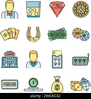 Croupier Casino Icons Set. Umrisssatz von Croupier Casino Vektor Icons dünne Linie Farbe flach auf weiß Stock Vektor
