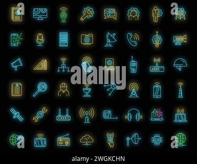 Symbole für Kommunikationsingenieure eingestellt. Skizzieren Sie eine Reihe von Vektorsymbolen für Kommunikationsingenieure in Neonfarbe auf Schwarz Stock Vektor