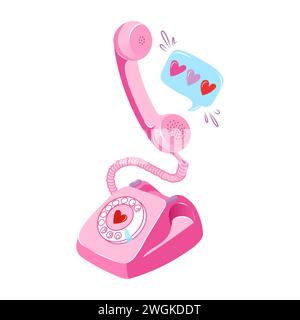 Hand gezeichnete Vektorillustration von Retro-Telefon und Herzen. Romantisches pinkfarbenes Telefon zum valentinstag. Stock Vektor