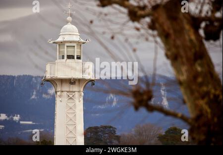 Leuchtturm der Stadt Genf in der Schweiz am Genfer See (oder Lac Léman) Stockfoto