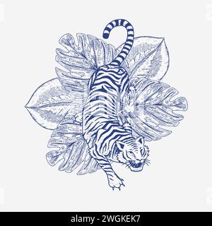 Japanische Tiger mit tropischen Blättern. Wildes Tier mit grünen Pflanzen. Banner oder Poster für Werbung oder Web. Stock Vektor
