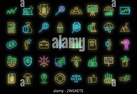 Geldsymbole für Krisenmanager gesetzt. Umrisssatz von Geldvektorsymbolen für Krisenmanager Neonfarbe auf Schwarz Stock Vektor