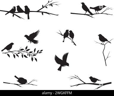 Vögel auf Zweig Silhouette Set, Vektorillustration isoliert auf weißem Hintergrund. Wandaufkleber, Wandbilder, Vögel auf Baum Design, Vögel Silhouette. Stock Vektor
