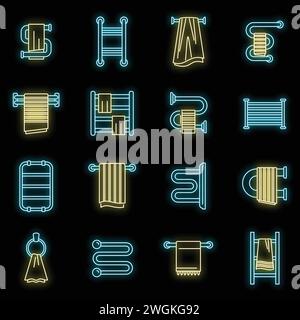 Symbole für beheizte Handtuchhalter für Zuhause gesetzt. Umrisssatz der beheizten Handtuchschiene Vektorsymbole Neonfarbe auf Schwarz Stock Vektor