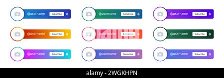 Unterer dritter Balken für soziale Medien. Vorlage mit einer Schaltfläche mit Leerzeichen für ein Symbol oder Foto und Text. Wird für Sender, Blogs und TV verwendet. Paket mit Vektorverlaufsdesigns auf weißem Hintergrund. Stock Vektor