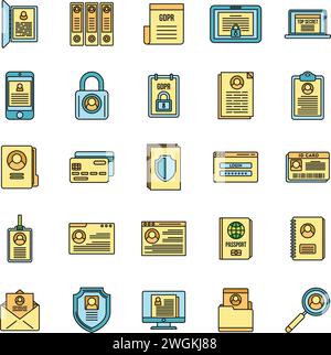 Symbole für digitale persönliche Informationen eingestellt. Kontursatz von Vektorsymbolen für digitale persönliche Informationen dünne Linie, flach auf weiß Stock Vektor