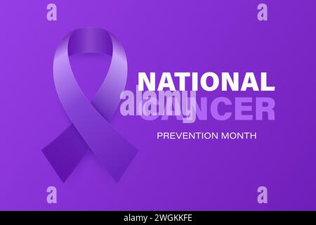 National Cancer Prevention Month, Februar. Banner, Karte, Plakat mit realistischem 3D-Vektor-Lavendelband auf Lavendelhintergrund. Krebsbewusstsein Stock Vektor