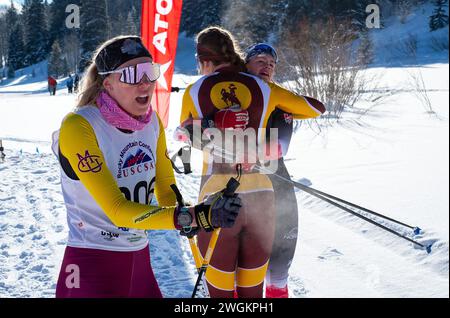 4. Februar 2024: Lauren Lackman, Colorado Mesa University, nach dem WCU Nordic 5K Classic Invitational. Crest Butte Nordic Center, Crest Butte, Colorado. Stockfoto