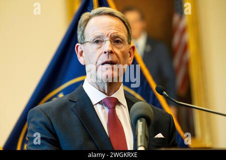 Washington, Usa. Februar 2024. Tony Perkins, Präsident des Family Research Council, sprach auf einer Pressekonferenz über den „pandemievertrag“ der Weltgesundheitsorganisation (WHO) im US-Kapitol. (Foto: Michael Brochstein/SIPA USA) Credit: SIPA USA/Alamy Live News Stockfoto