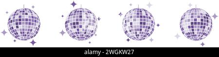 Violette Discoball-Symbole. Disco-Musik-Partyspiegelball im Retro-Diskothekenstil der 70er 80er 90er Jahre. Glänzende Nachtklubkugel mit Glitzern. Nachtleben, Urlaub Stock Vektor