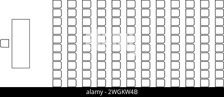 Sitzbereich im Auditorium mit Blick von oben. Schema der Sitzplätze in Klassenzimmer, Vorlesungssaal, Tagung, Konferenz, Schulung, Seminar, Business Event. Schreibtisch und Stühle Stock Vektor