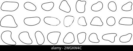 Set aus unregelmäßigen organischen Formen, Kieselsteinformen, verformten Klumpen, flüssigen Tintenflecken, verzerrten Blasenstrukturen isoliert auf weißem Hintergrund. Trendige asymmetrische Figuren. Vektorgrafik Stock Vektor