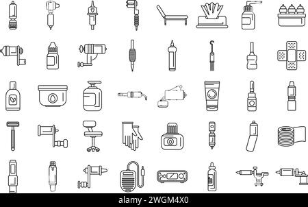Symbole für Tätowiergeräte legen den Konturvektor fest. Maschinennadel. Studio-Werkzeugmode Stock Vektor