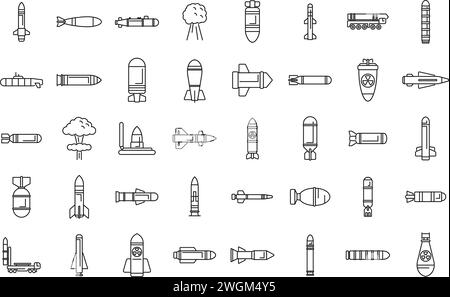 Nuklearwaffen-Symbole setzen den Konturvektor. Militärische Waffenarmee. Atombombe Stock Vektor