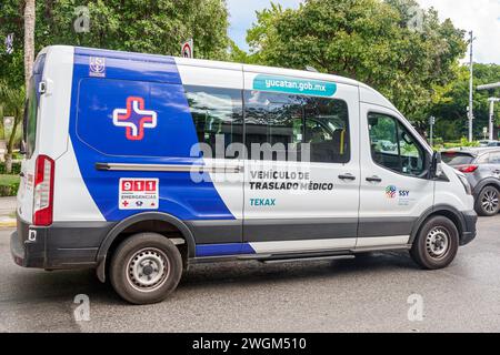 Merida Mexico, Zona Paseo Montejo Centro, Avenida Colon, medizinischer Transport Van Fahrzeug, Schilder Informationen, Werbung für Werbung, mexikanische His Stockfoto