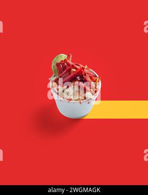 Maiszubereitung in einer Tasse, Esquite, mexikanischer Snack, Street Food, scharf, Chamoy, Chili-Pulver, minimalistischer roter Hintergrund, keine Leute Stockfoto