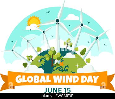 Global Wind Day Vector Illustration am 15. Juni mit Erdkugel und Winde Turbinen für Energie und Energiesysteme auf blauem Himmel in flachem Cartoon Hintergrund Stock Vektor