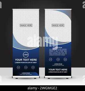 Einfaches blaues und schwarzes Farbkonzept Roll-Up-Banner-Vorlage, stehendes Banner-Design, Werbung, Flyer und Display. Vektorkonstruktion. Stock Vektor