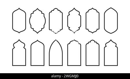 Sammlung von Umrissen von islamischen Fenstern und Bögen im orientalischen Stil, Moscheekuppeln und Laternen Stock Vektor