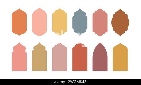 Sammlung von islamischen Fenstern und Bögen im orientalischen Stil mit modernen Boho-Mustern, Moschee-Kuppeln und Laternen Stock Vektor