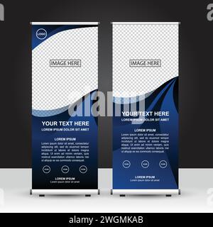 Blaue und schwarze Farbe mit wellenförmigem dynamischem Konzept Roll-Up-Banner-Vorlage, Standbanner-Design, Werbung, Flyer und Display. Vektorkonstruktion. Stock Vektor