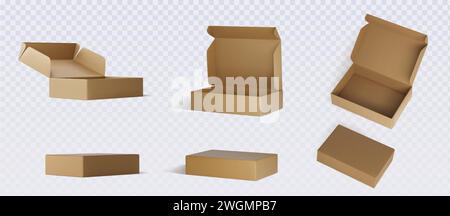 Mockups aus braunem Karton, isoliert auf grauem Hintergrund. Vektor-realistische Illustration von offenen und geschlossenen 3D-Kartonverpackungen für Schuhe, Postzustellung, Geschenkpaketverpackung mit leerer Oberfläche Stock Vektor