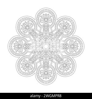 Ornament Swirling Bliss Mandala Malbuch Seite für KDP Book Interior. Friedliche Blütenblätter, Fähigkeit zum Entspannen, Gehirnerlebnisse, harmonischer Hafen, Frieden Stock Vektor