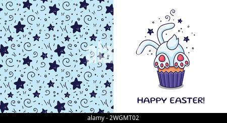 Osterpostkarte mit Osterkuchen, Kaninchen, Hase, Gruß im Cartoon-Stil. Handgezeichneter Bunny Cupcake zum Entwerfen von Babykleidung, Osterkarte. Textur für Kinder. Vektorabbildung. Doodle-STYLE. Stock Vektor