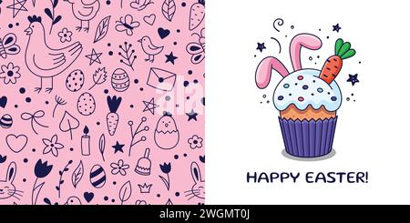 Osterpostkarte mit Osterkuchen, Kaninchenohren, Karotte im Cartoon-Stil. Set handgezeichneter Osterillustrationen. Karikaturdruck des böhmischen Kindergartens. Textur für Kinder. Vektorabbildung. Doodle-STYLE. Stock Vektor