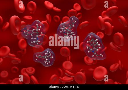 Naloxonhydrochlorid-Molekül im Blutfluss - isometrische Darstellung 3D-Darstellung Stockfoto