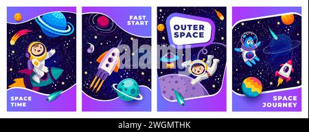 Poster und Flyer im Raum. Astronauten, Außerirdische und Raketenraumschiffe zwischen Galaxie-Weltraumplaneten und -Sternen. Galaxy-Reisevektor-Banner mit Kinderastronauten und außerirdischen fröhlichen Persönlichkeiten, die in der Galaxie fliegen Stock Vektor