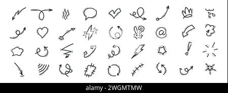 Bewegungslinien von Pfeilen, Kurven und Wellen für Zeichentrickeffekte, Vektorsymbole. Abstrakte Symbole von Wolke, Sprechblase oder Herz und Blitz mit Explosionsdruck und Spiralpfeil in Doodle-Linie Stock Vektor