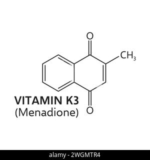 Vitamin K3 oder Menadion-Molekülformel c11h8o2. Die isolierte Vektorchemie besteht aus einem Naphthochinon-Kern mit einer Seitenkette. Essentielle Nährstoffe spielen eine Rolle bei der Blutgerinnung Stock Vektor
