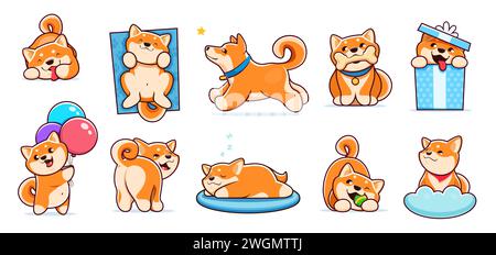 Cartoon Kawaii niedliches Haustier shiba inu Hund und Welpen Charaktere. Lustige Haustiertiere Vektorfiguren der japanischen Rasse, glückliche Hunde spielen mit Ball und Knochen Spielzeug. Shiba inu Welpen schlafen, rennen Stock Vektor