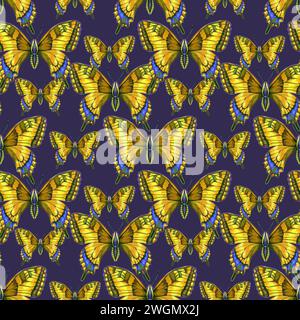 Helles Schmetterlingsmuster auf gelbem Hintergrund. Mit Markierungen gezeichnet. Für Stoff, Skizzenbuch, Tapeten, Geschenkpapier. Stockfoto