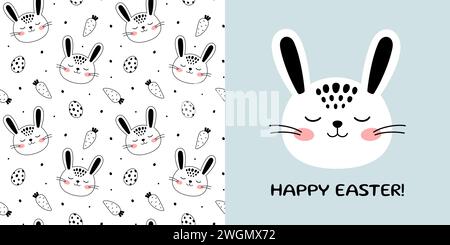 Set aus niedlichem, nahtlosem Hase-Muster, Illustration. Handgezeichneter kleiner Häschen zum Entwerfen von Babykleidung, Osterpostkarte. Karikaturdruck des böhmischen Kindergartens. Textur für Kinder. Vektorabbildung. Stock Vektor