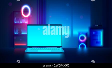 Laptop-Modell mit leerem Bildschirm in dunklem, verschwommenem Raum mit Neonlichtern. Vorderansicht des Vektors des offenen Laptops. Gaming-Notebook auf dem Schreibtisch vor dem Hintergrund von Stock Vektor
