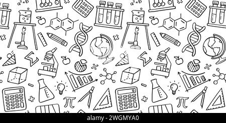 Nahtloses Muster für Bildungszwecke. Naturwissenschaftliche Linie handgezeichnete Elemente - mathematische Formel, chemische Moleküle, dna, Grafik, wissenschaftliches Experiment Stock Vektor