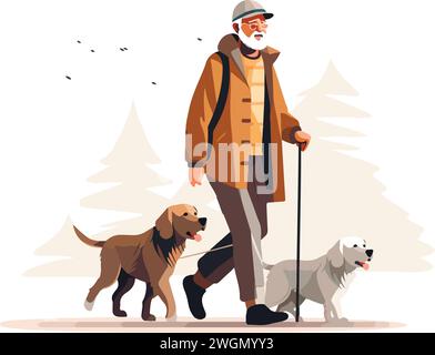 Ein alter Mann, der mit seinem süßen Hund läuft. Glückliche Tierbesitzer. Liebenswerter Hundefreund. Illustration des flachen Vektors Stock Vektor