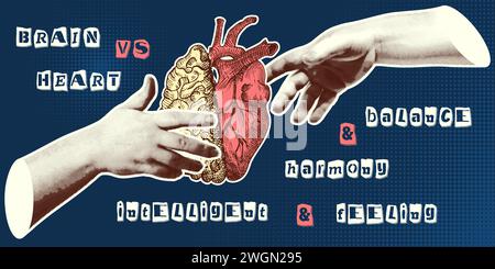 Concept Heart vs. Brain. Collage-Poster im Vintage-Design. Symbole für psychische Gesundheit und emotionales Wohlbefinden. Mind-Heart Balance handgezeichnete Grafik. Halb Stock Vektor