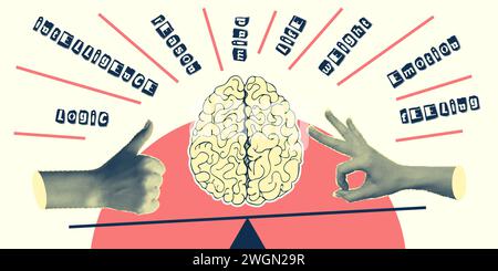 Concept Heart vs. Brain. Collage-Poster im Vintage-Design. Symbole für psychische Gesundheit und emotionales Wohlbefinden. Mind-Heart Balance handgezeichnete Grafik. Halb Stock Vektor